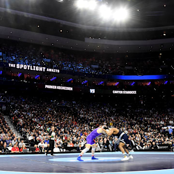 Penn State's Carter Starocci wrestlers Parker Keckeisen of the Northern Iowa Panthers at the 2025 NCAA Wrestling Championships in Philadelphia. 