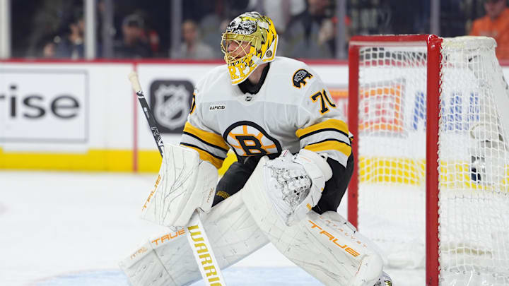 Apr 5, 2026; Philadelphia, Pennsylvania, USA; Boston Bruins goalie Joonas Korpisalo (70) in action against the Philadelphia Flyers in the third period at Xfinity Mobile Arena. Mandatory Credit: Kyle Ross-Imagn Images