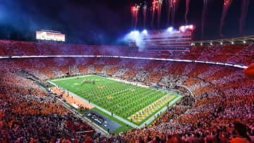 Oct 16, 2021; Knoxville, Tennessee, USA; Fireworks burst as the National Anthem is played before a