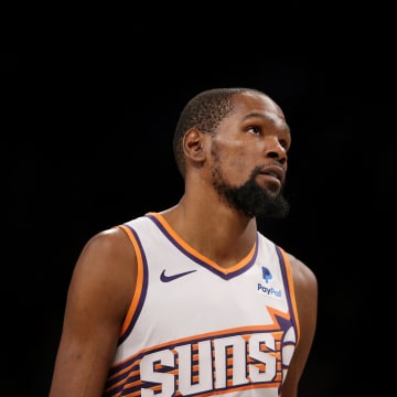 Jan 31, 2024; Brooklyn, New York, USA; Phoenix Suns forward Kevin Durant (35) reacts during the fourth quarter against the Brooklyn Nets at Barclays Center. Mandatory Credit: Brad Penner-USA TODAY Sports