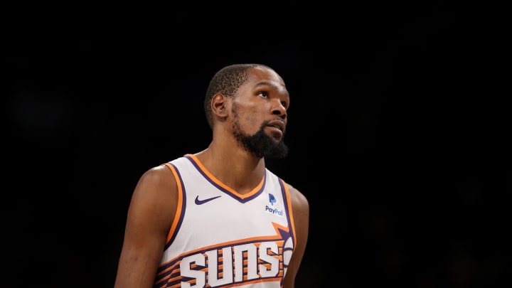 Jan 31, 2024; Brooklyn, New York, USA; Phoenix Suns forward Kevin Durant (35) reacts during the fourth quarter against the Brooklyn Nets at Barclays Center. Mandatory Credit: Brad Penner-USA TODAY Sports