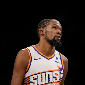 Jan 31, 2024; Brooklyn, New York, USA; Phoenix Suns forward Kevin Durant (35) reacts during the fourth quarter against the Brooklyn Nets at Barclays Center. Mandatory Credit: Brad Penner-Imagn Images