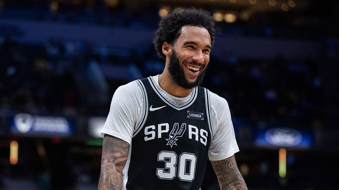 Oct 13, 2025; Indianapolis, Indiana, USA; San Antonio Spurs forward Julian Champagnie (30) in the second half against the Indiana Pacers at Gainbridge Fieldhouse. Mandatory Credit: Trevor Ruszkowski-Imagn Images