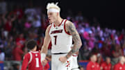 Nov 27, 2024; Paradise Island, Bahamas, BHS; Louisville Cardinals forward Kasean Pryor (7) reacts after dunking  during the second half against the Indiana Hoosiers at the Atlantis Resort.  Mandatory Credit: Kevin Jairaj-Imagn Images