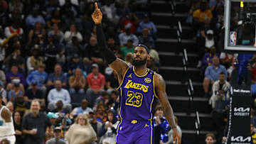 Mar 29, 2025; Memphis, Tennessee, USA; Los Angeles Lakers forward LeBron James (23) reacts during the third quarter against the Memphis Grizzlies at FedExForum. Mandatory Credit: Petre Thomas-Imagn Images