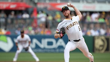 Jun 28, 2025; Pittsburgh, Pennsylvania, USA;  Pittsburgh Pirates starting pitcher Bailey Falter (6) delivers a pitch against the New York Mets during the first inning at PNC Park. Mandatory Credit: Charles LeClaire-Imagn Images