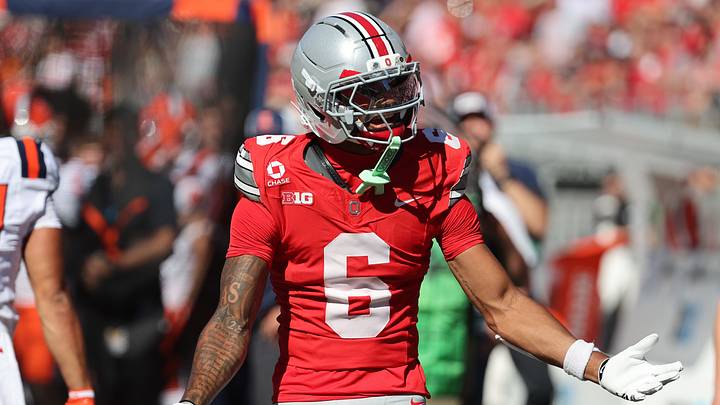 Sep 26, 2026; Columbus, Ohio, USA;  Ohio State Buckeyes cornerback Devin Sanchez (6) reacts after a call during the second half against the Illinois Fighting Illini at Ohio Stadium.  Mandatory Credit: Joseph Maiorana-Imagn Images