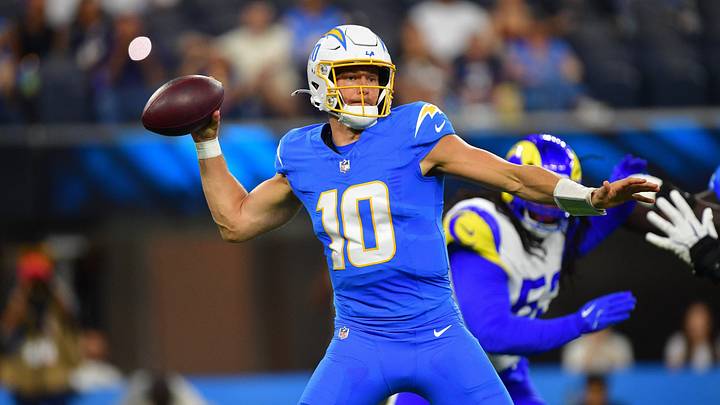 Aug 27, 2026; Inglewood, California, USA; Los Angeles Chargers quarterback Justin Herbert (10) throws against the Los Angeles Rams during the first half at SoFi Stadium. Mandatory Credit: Gary A. Vasquez-Imagn Images