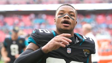 Oct 1, 2023; London, United Kingdom;  Jacksonville Jaguars cornerback Tyson Campbell (32) leaves the field after the second half of an NFL International Series game at Wembley Stadium. 