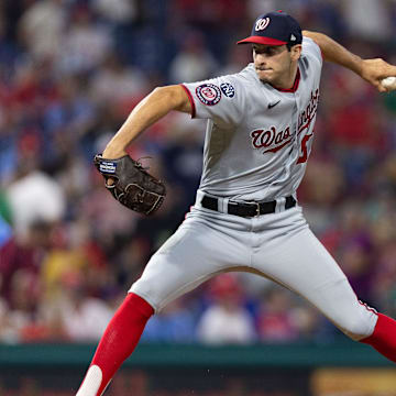 Aug 10, 2023; Philadelphia, Pennsylvania, USA; Washington Nationals relief pitcher Joe La Sorsa (53) throws a pitch during the seventh inning against the Philadelphia Phillies at Citizens Bank Park. Mandatory Credit: Bill Streicher-Imagn Images