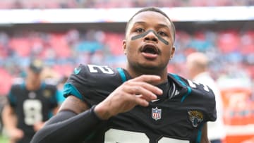 Oct 1, 2023; London, United Kingdom;  Jacksonville Jaguars cornerback Tyson Campbell (32) leaves the field after the second half of an NFL International Series game at Wembley Stadium. 