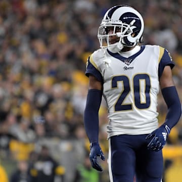 Nov 10, 2019; Pittsburgh, PA, USA; Los Angeles Rams cornerback Jalen Ramsey (20) in the second half against the Pittsburgh Steelers at Heinz Field. The Steelers defeated the Rams 17-12. Mandatory Credit: Kirby Lee-Imagn Images