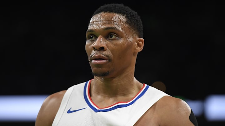 Jan 27, 2024; Boston, Massachusetts, USA;  LA Clippers guard Russell Westbrook (0) during the second half against the Boston Celtics at TD Garden. Mandatory Credit: Bob DeChiara-Imagn Images