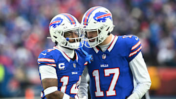 Dec 31, 2023; Orchard Park, New York, USA; Buffalo Bills quarterback Josh Allen (17) and Stefon Diggs.