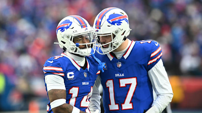 Dec 31, 2023; Orchard Park, New York, USA; Buffalo Bills quarterback Josh Allen (17) and Stefon Diggs.