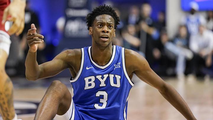 Jan 24, 2026; Provo, Utah, USA; BYU Cougars forward AJ Dybantsa (3) reacts during the first half against the Utah Utes at Marriott Center. Mandatory Credit: Aaron Baker-Imagn Images 
