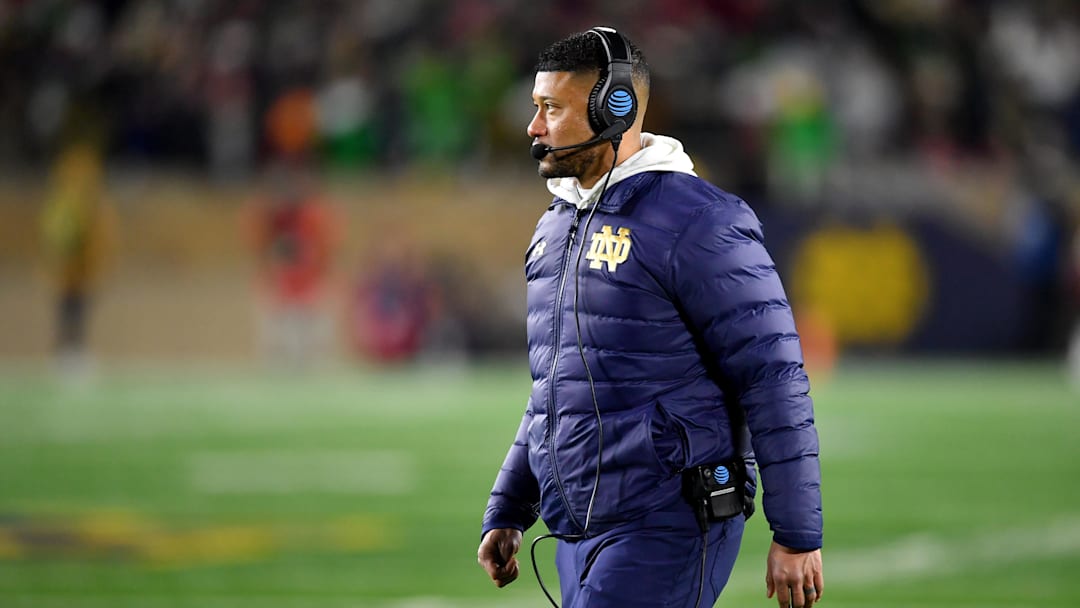 Dec 20, 2024; Notre Dame, Indiana, USA; Notre Dame Fighting Irish head coach Marcus Freeman during the third quarter against the Indiana Hoosiers at Notre Dame Stadium. Mandatory Credit: Matt Cashore-Imagn Images