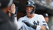 New York Yankees right fielder Aaron Judge (99) celebrates his solo home run against the Toronto Blue Jays.