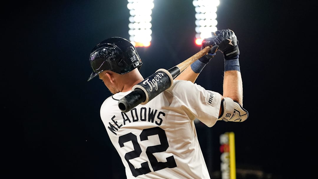 Detroit Tigers center fielder Parker Meadows (22) warms up on deck before batting against Baltimore Orioles during the ninth inning at Comerica Park in Detroit on Saturday, September 14, 2024.