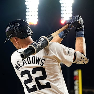 Detroit Tigers center fielder Parker Meadows (22) warms up on deck before batting against Baltimore Orioles during the ninth inning at Comerica Park in Detroit on Saturday, September 14, 2024.