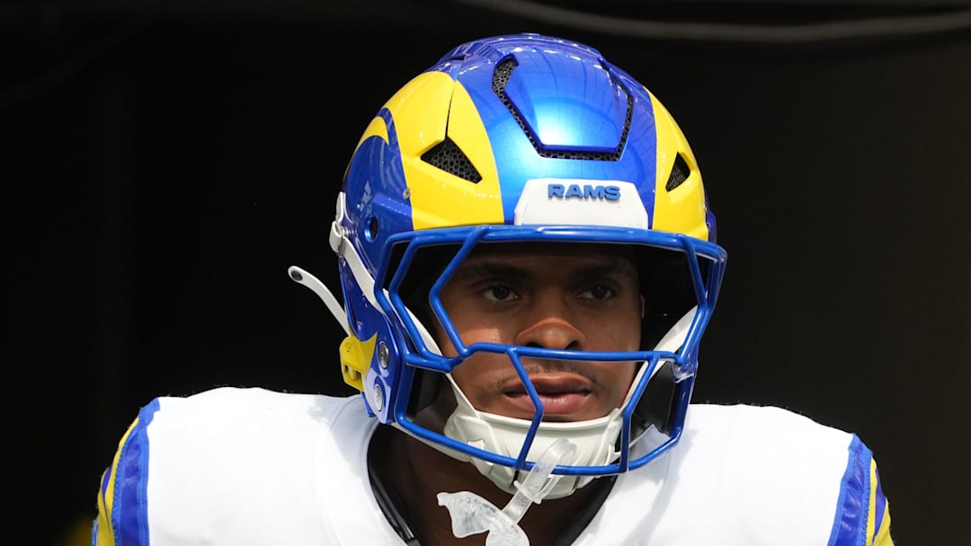 Aug 16, 2025; Inglewood, California, USA; Los Angeles Rams running back Jarquez Hunter (35) enters the field against the Los Angeles Chargers in the first half at SoFi Stadium. Mandatory Credit: Kirby Lee-Imagn Images
