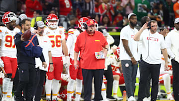 Feb 9, 2025; New Orleans, LA, USA; Kansas City Chiefs head coach Andy Reid on the sideline against the Philadelphia Eagles in the first quarter in Super Bowl LIX at Ceasars Superdome. Mandatory Credit: Mark J. Rebilas-Imagn Images