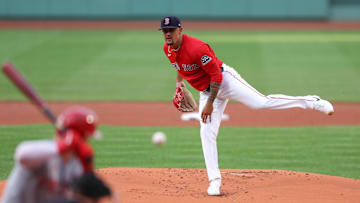 Jul 2, 2025; Boston, Massachusetts, USA; Boston Red Sox starting pitcher Brennan Bernardino (83) delivers a pitch during the first inning against the Cincinnati Reds at Fenway Park. Mandatory Credit: Paul Rutherford-Imagn Images