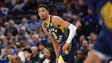 Mar 14, 2025; Philadelphia, Pennsylvania, USA; Indiana Pacers guard Tyrese Haliburton (0) looks on against the Philadelphia 76ers in the second quarter at Wells Fargo Center. Mandatory Credit: Kyle Ross-Imagn Images