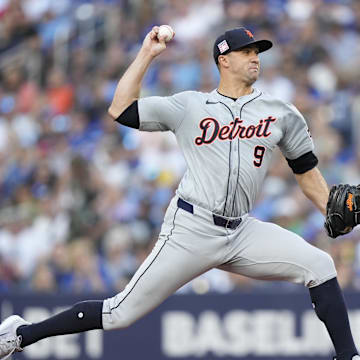 Jul 19, 2024; Toronto, Ontario, CAN; Detroit Tigers starting pitcher Jack Flaherty (9) pitches to the Toronto Blue Jays during the first inning at Rogers Centre.