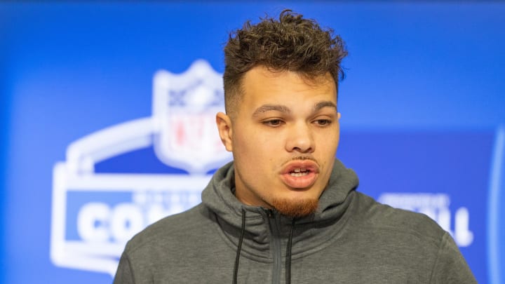 Feb 29, 2024; Indianapolis, IN, USA; Iowa tight end Erick All (TE01) talks to the media during the 2024 NFL Combine at Lucas Oil Stadium. Mandatory Credit: Trevor Ruszkowski-USA TODAY Sports