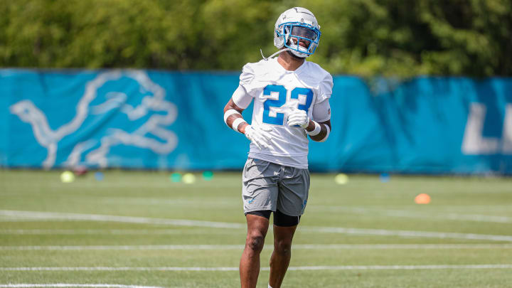 Detroit Lions cornerback Carlton Davis III (23) practices during mini camp at Detroit Lions headquarters and practice facility in Allen Park on Tuesday, June 4, 2024.