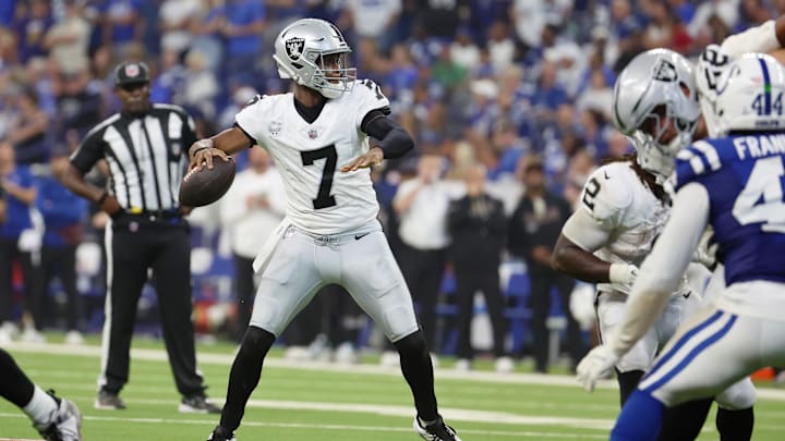 Las Vegas Raiders quarterback Geno Smith tied a franchise record with nine interceptions in his first five games. Las Vegas Raiders quarterback Geno Smith tied a franchise record with nine interceptions in his first five games.