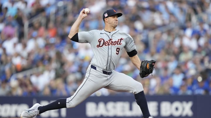 Jul 19, 2024; Toronto, Ontario, CAN; Detroit Tigers starting pitcher Jack Flaherty (9) pitches to the Toronto Blue Jays during the first inning at Rogers Centre. Mandatory Credit: John E. Sokolowski-USA TODAY Sports