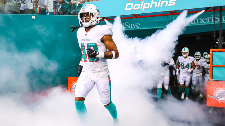 Miami Dolphins defensive back Nik Needham (40) takes on the filed prior the game against the Carolina Panthers at Hard Rock Stadium in 2021.