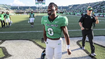 Oct 9, 2021; Huntington, West Virginia, USA; Marshall Thundering Herd defensive back Micah Abraham (6) celebrates after defeating the Old Dominion Monarchs at Joan C. Edwards Stadium. Mandatory Credit: Ben Queen-USA TODAY Sports