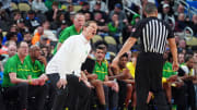 Mar 23, 2024; Pittsburgh, PA, USA; Oregon Ducks head coach Dana Altman talks to a referee during the second half of the game against the Creighton Bluejays in the second round of the 2024 NCAA Tournament at PPG Paints Arena. Mandatory Credit: Gregory Fisher-USA TODAY Sports