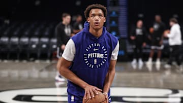 Nov 3, 2024; Brooklyn, New York, USA;  Detroit Pistons guard Wendell Moore Jr. (14) warms up prior to the game against the Brooklyn Nets at Barclays Center. Mandatory Credit: Wendell Cruz-Imagn Images