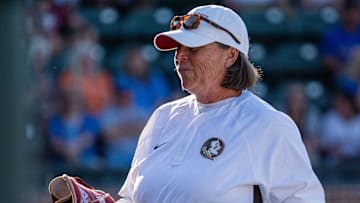 Florida State head coach Lonni Alameda coaches the Seminoles during a game against the Florida Gators on Wednesday, April 2, 2025.