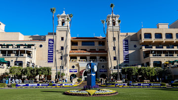 Oct 30, 2025; Del Mar, CA, USA;2025 Breeders Cup Championship logos in the saddling paddock at Del Mar Thoroughbred Club. 