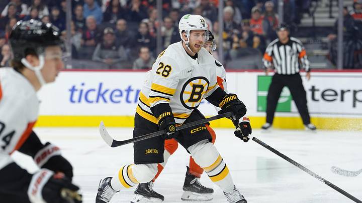Apr 5, 2026; Philadelphia, Pennsylvania, USA; Boston Bruins center Elias Lindholm (28) in action against the Philadelphia Flyers in the first period at Xfinity Mobile Arena. Mandatory Credit: Kyle Ross-Imagn Images