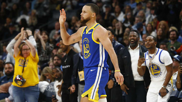 Apr 1, 2025; Memphis, Tennessee, USA; Golden State Warriors guard Stephen Curry (30) reacts during the fourth quarter against the Memphis Grizzlies at FedExForum. Mandatory Credit: Petre Thomas-Imagn Images