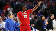 North Carolina State Wolfpack forward DJ Burns Jr. reacts against the Duke Blue Devils in the 2024 NCAA Tournament