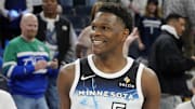 Apr 11, 2025; Minneapolis, Minnesota, USA; Minnesota Timberwolves guard Anthony Edwards (5) smiles after the game against the Brooklyn Nets at Target Center. Mandatory Credit: Bruce Kluckhohn-Imagn Images
