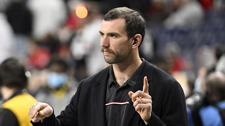 Andrew Luck on the field before the 2022 CFP college football national championship game Andrew Luck on the field before the 2022 CFP college football national championship game