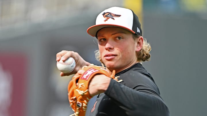 Apr 19, 2024; Kansas City, Missouri, USA; Baltimore Orioles second baseman Jackson Holliday (7) warms up during batting practice before a game against the Kansas City Royals at Kauffman Stadium. Mandatory Credit: Peter Aiken-USA TODAY Sports