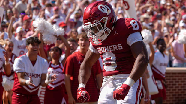 Oklahoma's Taylor Tatum (8) celebrates against Tulane in Norman, on Saturday, Sept. 14, 2024.