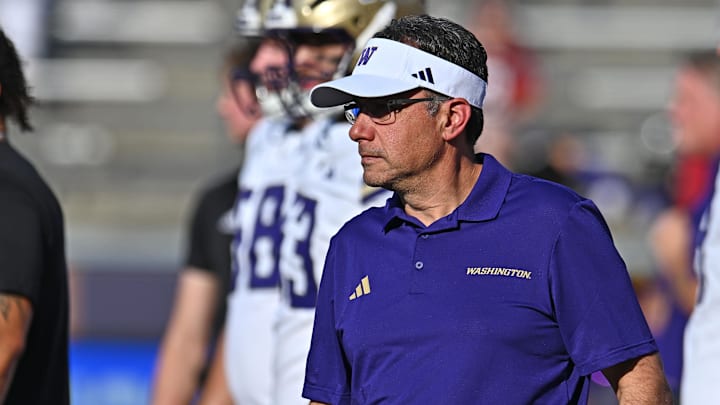 Sep 20, 2025; Pullman, Washington, USA; Washington Huskies head coach Jedd Fisch looks on before a game against the Washington State Cougars at Gesa Field at Martin Stadium. Mandatory Credit: James Snook-Imagn Images