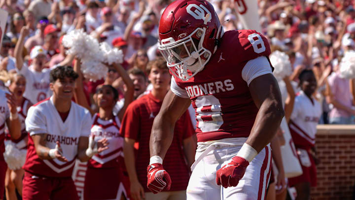 Oklahoma Sooners running back Taylor Tatum (8) celebrates after scoring a touchdown during a college football game between the University of Oklahoma Sooners (OU) and the Tulane Green Wave at Gaylord Family - Oklahoma Memorial Stadium in Norman, Okla., Saturday, Sept. 14, 2024.