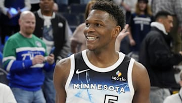 Minnesota Timberwolves guard Anthony Edwards smiles after the game against the Brooklyn Nets at Target Center. 