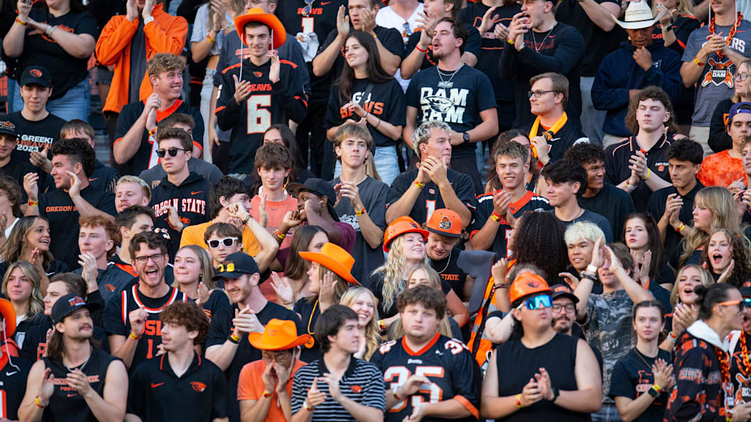 Oregon State students cheer on their team against California in the season opener at Reser Stadium on Saturday, Aug. 30, 2025, in Corvallis, Ore. Oregon State students cheer on their team against California in the season opener at Reser Stadium on Saturday, Aug. 30, 2025, in Corvallis, Ore.